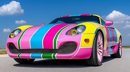 Vibrantly Colored Sports Car in Pink Yellow and Blue Stripes Under Clear Blue Sky
