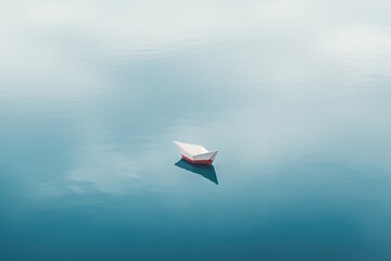 single paper boat floats on calm blue pond symbolizing innocence and adventure on international children day
