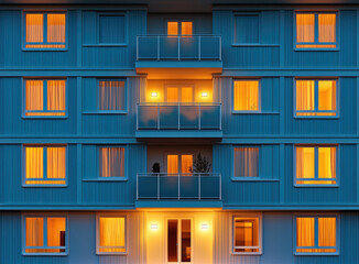 modern building facade with blue exterior and warm orange lights glowing from windows, creating cozy atmosphere in evening