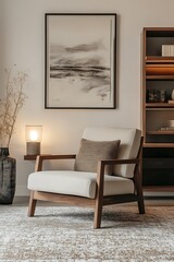 Armchair with Wooden Frame, Neutral Pillow, Carpet, Abstract Art, and Display Shelf