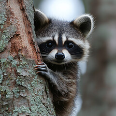 A curious raccoon peeking out from behind a tree, its eyes full of wonder