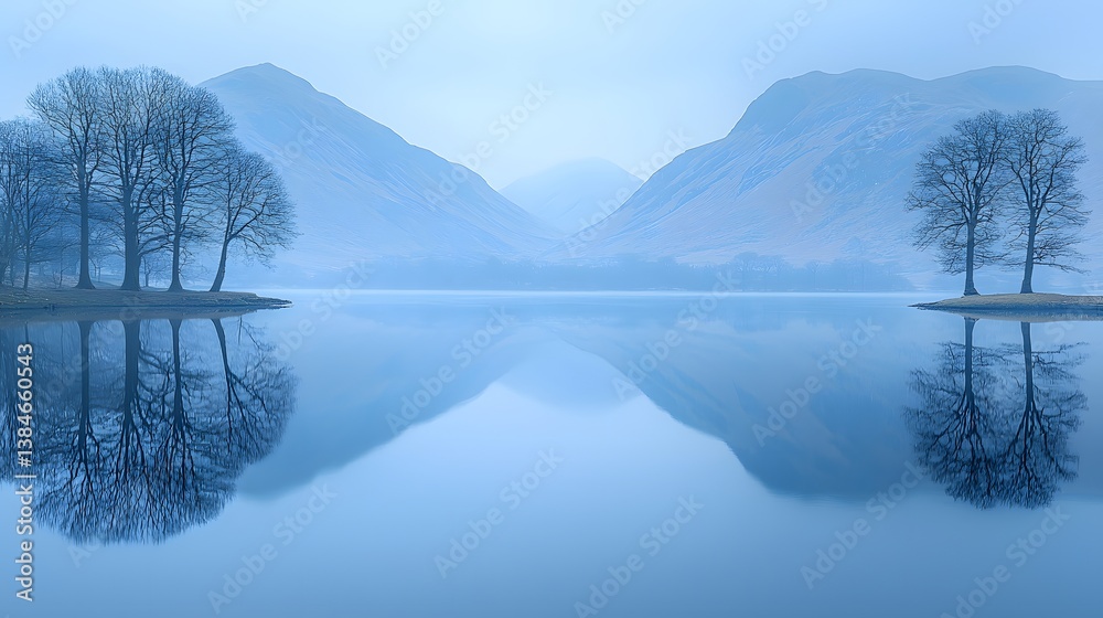Poster serene blue lake reflection with trees and mountains in mist