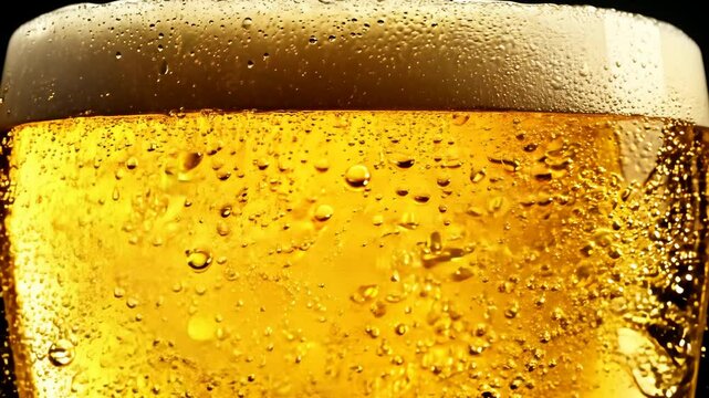 Close up of a glass of beer with foam and bubbles