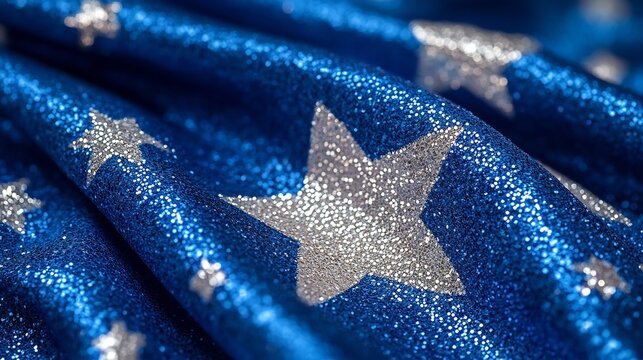 Blue Fabric with Silver Stars Closeup.