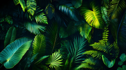 Fototapeta premium Lush tropical paradise brimming with vibrant green foliage, creating a serene and tranquil escape in deep shadows and contrasting highlights.