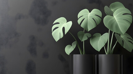 Serene monstera deliciosa plants in sleek black pots against a textured dark wall, evoking a mood...