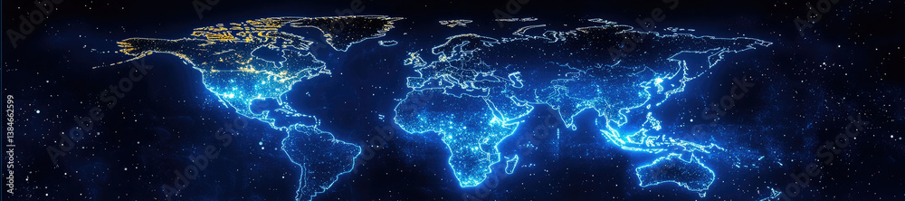 Poster stunning abstract world map illuminated with blue lights, showcasing continents and oceans against s