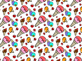 Naklejka premium Ice cream cones with scoops in pink, brown, orange, and blue are scattered across the image, alongside bright red cherries. The waffle cones feature a classic crisscross pattern.