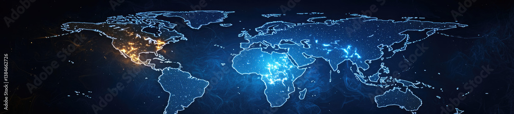 Poster digital world map illuminated with blue and orange lights, representing global connectivity and tech