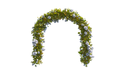 Green arch of white roses and green leaves png alpha channel