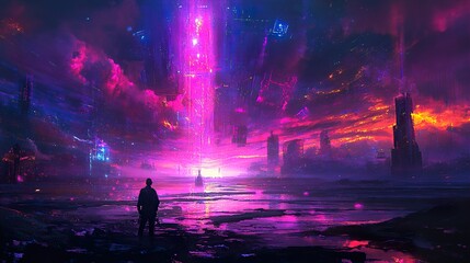 Naklejka premium Futuristic Cityscape at Night: A Cyberpunk Vision
