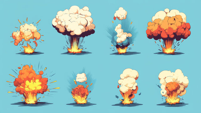 Cartoon bomb explosions, smoke and boom blast clouds, vector icons. Atomic bomb mushroom explode or TNT dynamite explosion with fire burn, firework boom flash or pop puff and burst rays of explosives