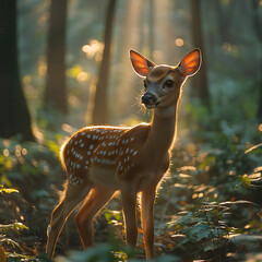 A graceful deer standing in a lush forest, with soft sunlight filtering through the trees