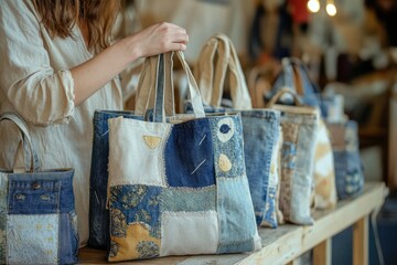 Woman holding a handmade patchwork tote bag made from recycled denim and fabric scraps.