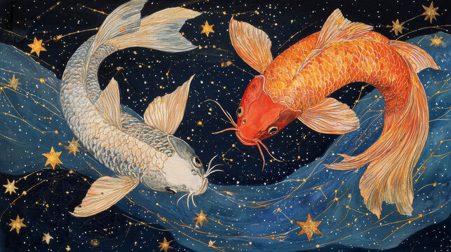 Pisces zodiac sign. Astrological horoscope symbol. Vector illustration. Part of zodiacal system and ancient calendar. Constellation of Pisces