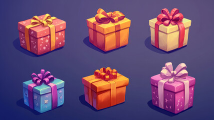 Fototapeta premium Gift box cartoon icon of presents packaging. Gift box and present bag with ribbon bow for Birthday and Valentine Day surprise, Christmas and New Year holiday celebration design
