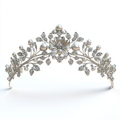 Silver tiara with pearls and diamonds floral design wedding bridal headpiece hair accessory jewelry crown elegant
