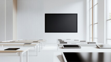 sleek modern classroom with smart technology displayed prominently incorporating various digital devices on clean white