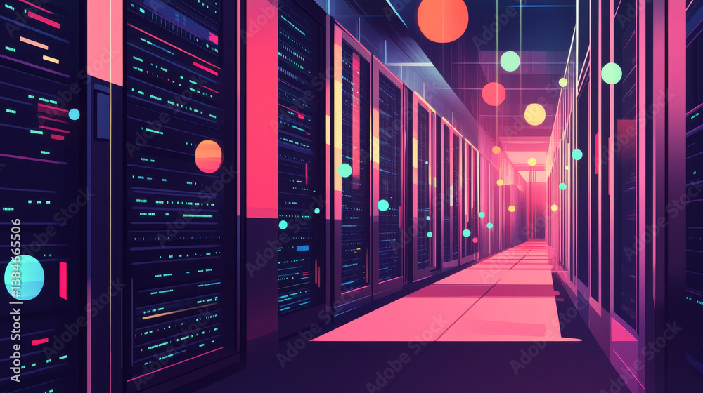 Poster concept of server room rack. web hosting and data center isometric vector illustration. ultraviolet 