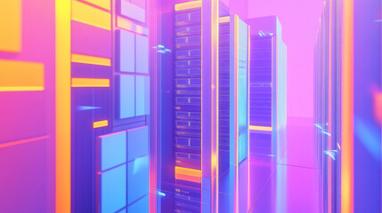 Obraz premium Concept of server room rack. Web hosting and data center isometric vector illustration. Ultraviolet colors. Futuristic design