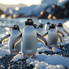 A group of playful penguins waddling on the icy shores of Antarctica