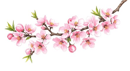 Obraz premium Pink Flowering Branch, Hand-Painted Sakura, Almond, and Apple Blossoms