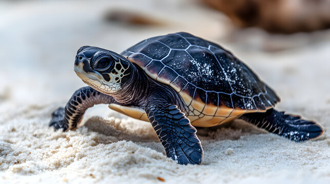 baby turtle with dark, patterned shell is crawling on sandy surface, showcasing its natural habitat and determination. scene captures essence of wildlife and nature