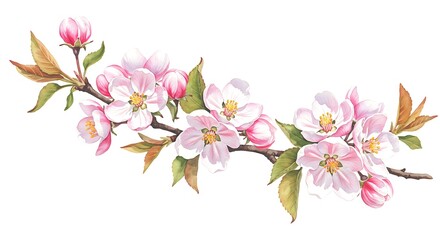 Obraz premium Pink Flowering Branch, Hand-Painted Sakura, Almond, and Apple Blossoms