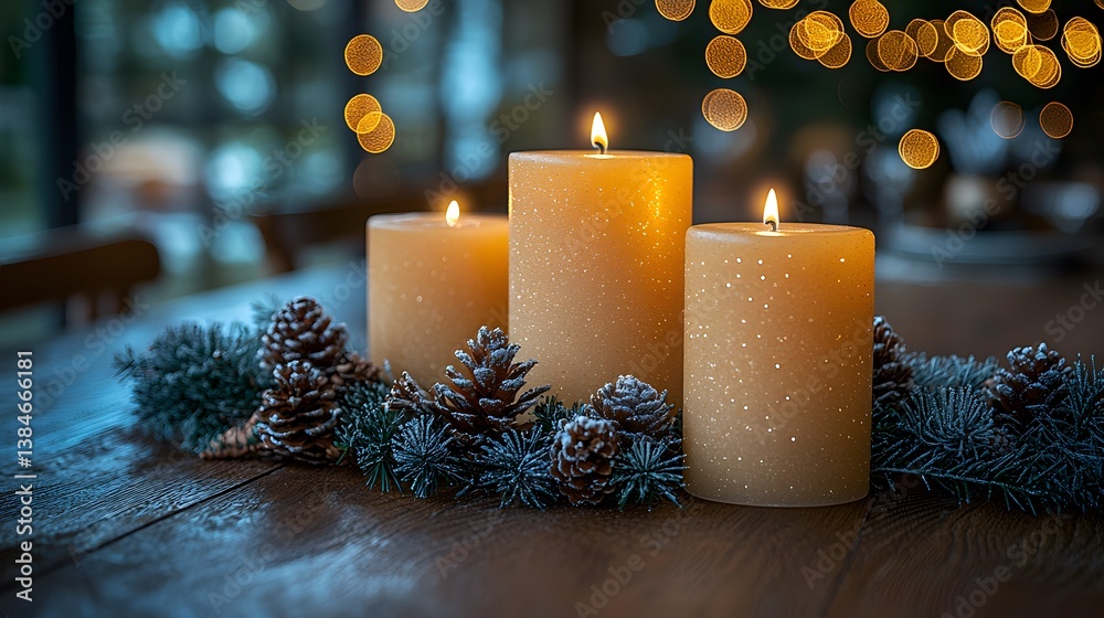 Poster cozy candle display with pine cones and bokeh lights for holiday warmth