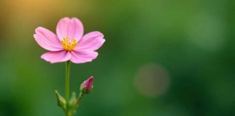 Obraz premium Delicate pink flower blooms on a tall grass stem, with a few leaves and a yellow center , grass, stem