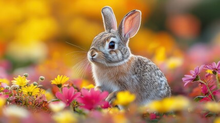Fototapeta premium Adorable Bunny in a Flower Meadow. Generative AI