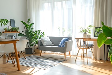 Bright Home Interior Decor with Sofa, Plants, Chairs, and Sunlight near the Window