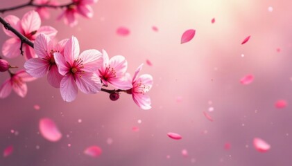 Fototapeta premium delicate pink sakura petals floating gently in a serene background with soft focus and warm colors, nature, pastel