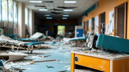 Obraz premium Abandoned hospital corridor filled with debris, broken furniture, and scattered medical equipment
