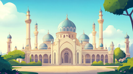 Obraz premium Muslim mosque building cartoon icons of vector Islam religion architecture. Arab mosque or masjid isolated symbols, Islamic houses with gold domes, crescents and minarets, arched doorways and windows