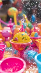 Close-up of colorful Songkran water toys and accessories
