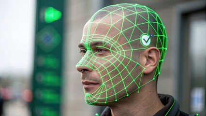 A man with a geometric green overlay on his face, suggesting advanced facial recognition or digital mapping technology.