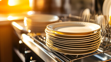 Fototapeta premium stack of clean plates with golden rims is drying on dish rack, illuminated by warm sunlight. scene conveys sense of warmth and cleanliness in kitchen setting