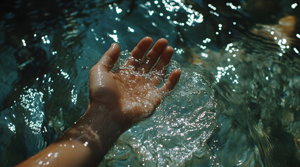 hand gently cups fresh water, with sunlight creating sparkling reflections on surface, evoking sense of tranquility and purity