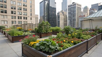 Fototapeta premium A vibrant rooftop garden filled with various plants and flowers, set against a backdrop of tall city skyscrapers.