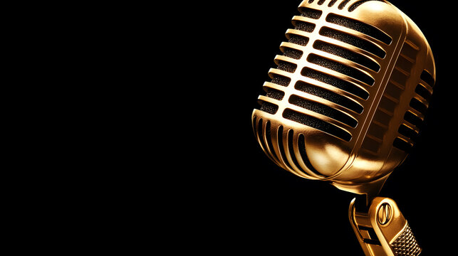 vintage style golden microphone with classic design stands out against black background, evoking sense of nostalgia and elegance