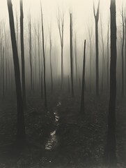 Naklejka premium Misty forest path dark trees monochrome atmosphere.