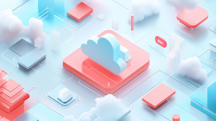 Obraz premium Isometric vector illustration of cloud storage, computing or server technology. Web page header template. Data services