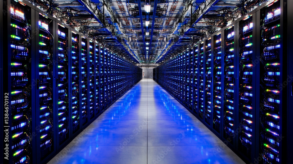 Poster supercomputer server room. big data processing, data search concept. isometric vector illustration. 