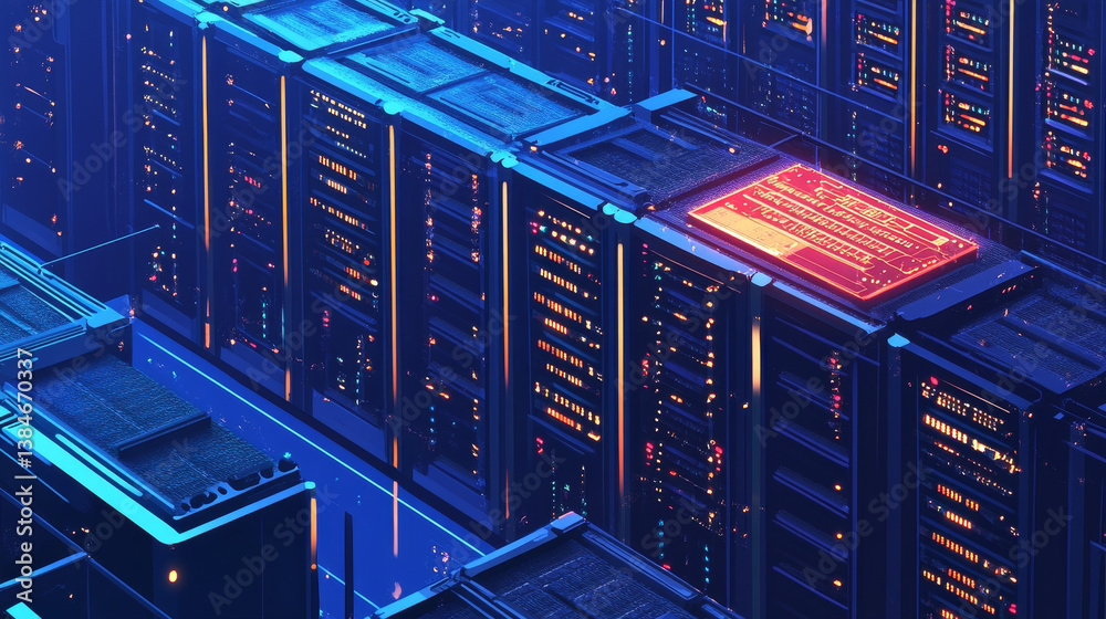 Poster supercomputer server room. big data processing. isometric vector illustration. central processor uni