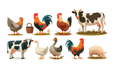  Farm animals set. Goose, chicken, hen and rooster, dairy cow, pig in mud, sheep in countryside. Domestic poultry and livestock in country. Flat vector illustration  on white background
