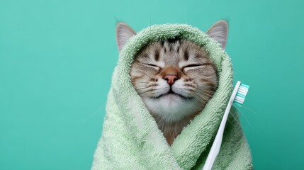 Cute cat wrapped in a green towel smiles while holding a toothbrush against a teal background during a playful grooming session