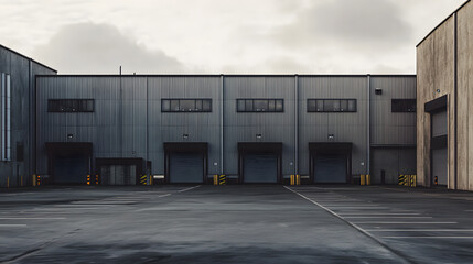 Obraz premium Industrial warehouse exterior with loading docks and empty parking lot, under cloudy sky. scene conveys sense of calm and readiness for business operations