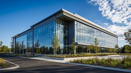 Obraz premium A modern office building with a glass exterior and sleek design pic