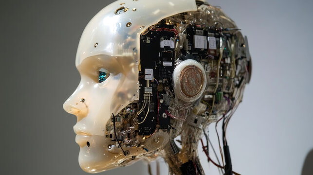 AI or artificial intelligence with the computer brain as a neural network. Programming and Deep machine learning of neural network. Robot Head with cybernetically mind. Abstract Interface elements.